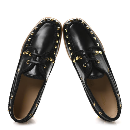Valentino Garavani Calfskin Rockstud Palm Avenue Boat Shoes 39.5 Black 2 of 9