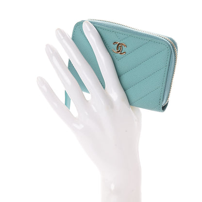 Chanel Caviar Flat Chevron Quilted Zip Coin Purse Green 2 of 8