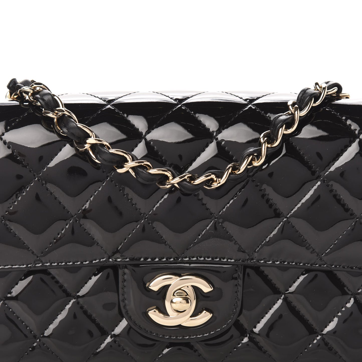 Patent Calfskin Quilted Mini Rectangular Flap Black