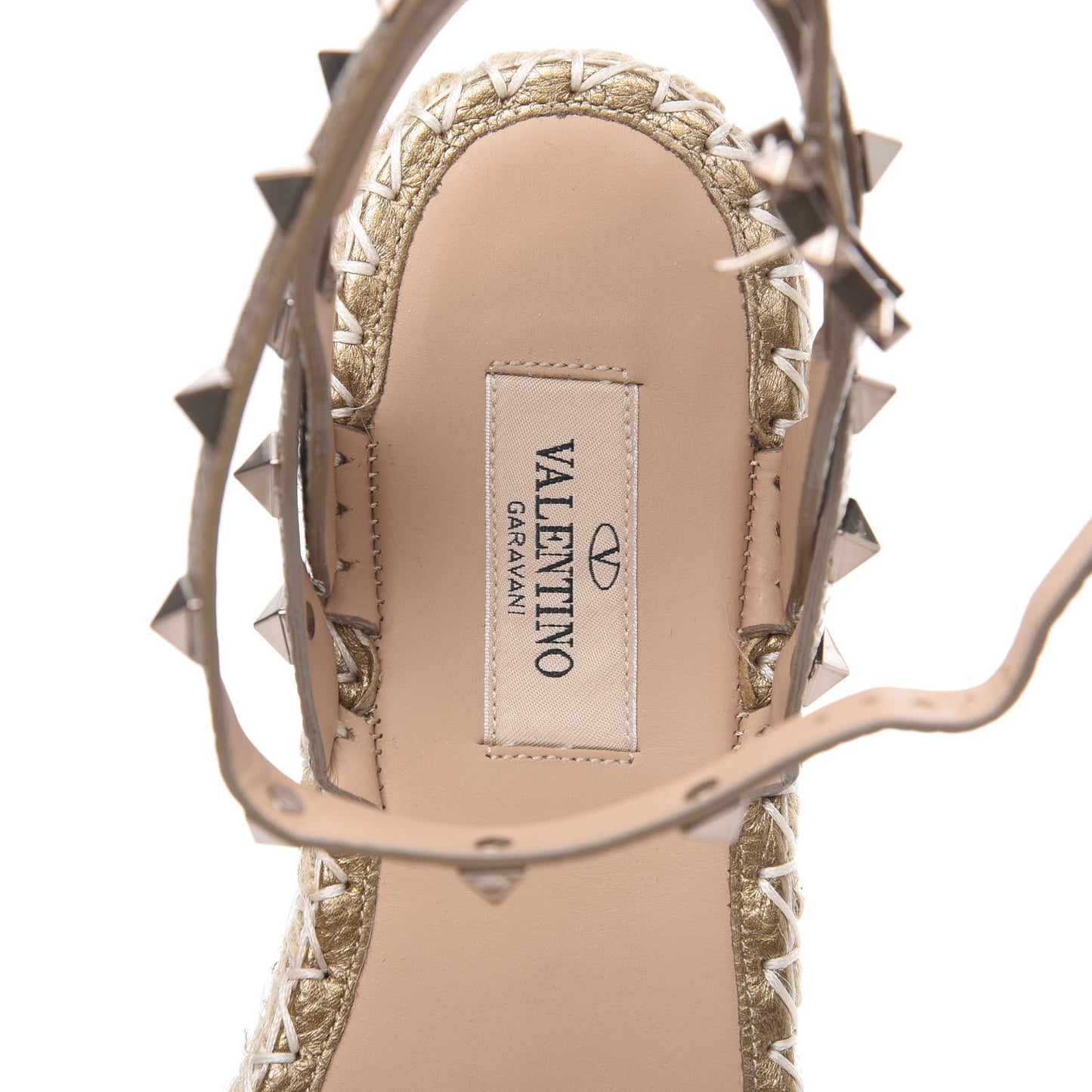 Metallic Calfskin Rockstud Ankle Strap Espadrille Flat Sandals 39 Skin