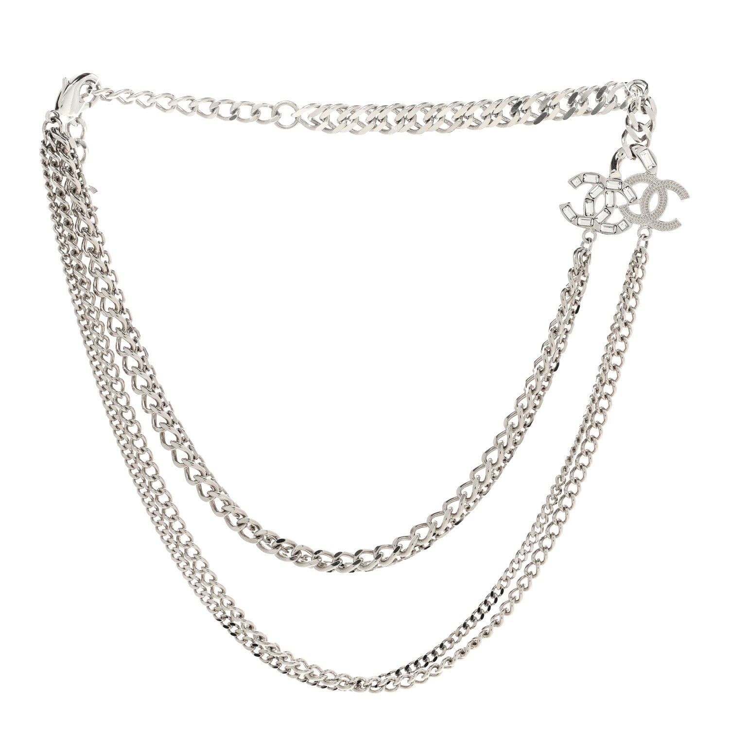 Chanel Baguette Crystal CC Multi Strand Long Chain Necklace Silver 3 of 6