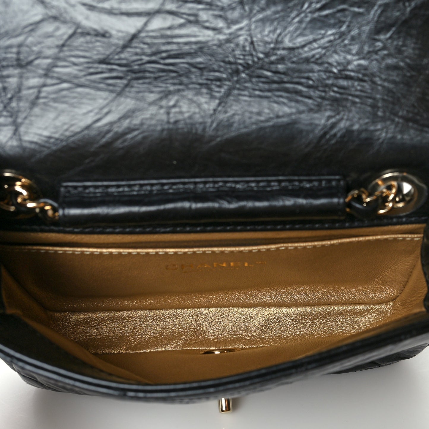 Crumpled Calfskin Chevron Chain Mini Square Flap Black