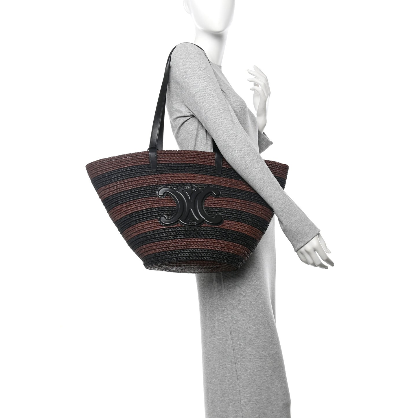 Raffia Striped Calfskin Triomphe Couffin Panier Black Brown