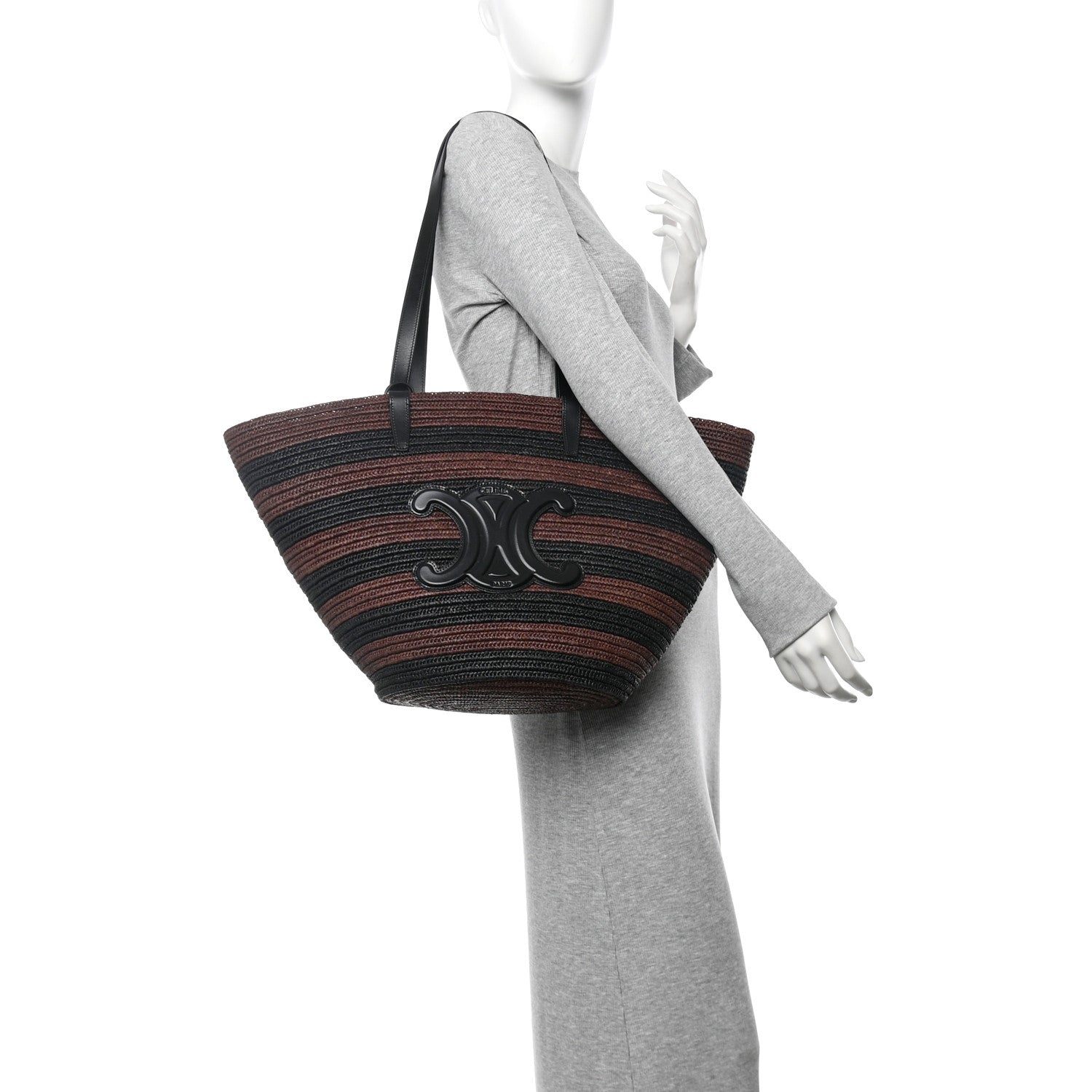 Celine Raffia Striped Calfskin Triomphe Couffin Panier Black Brown 2 of 12