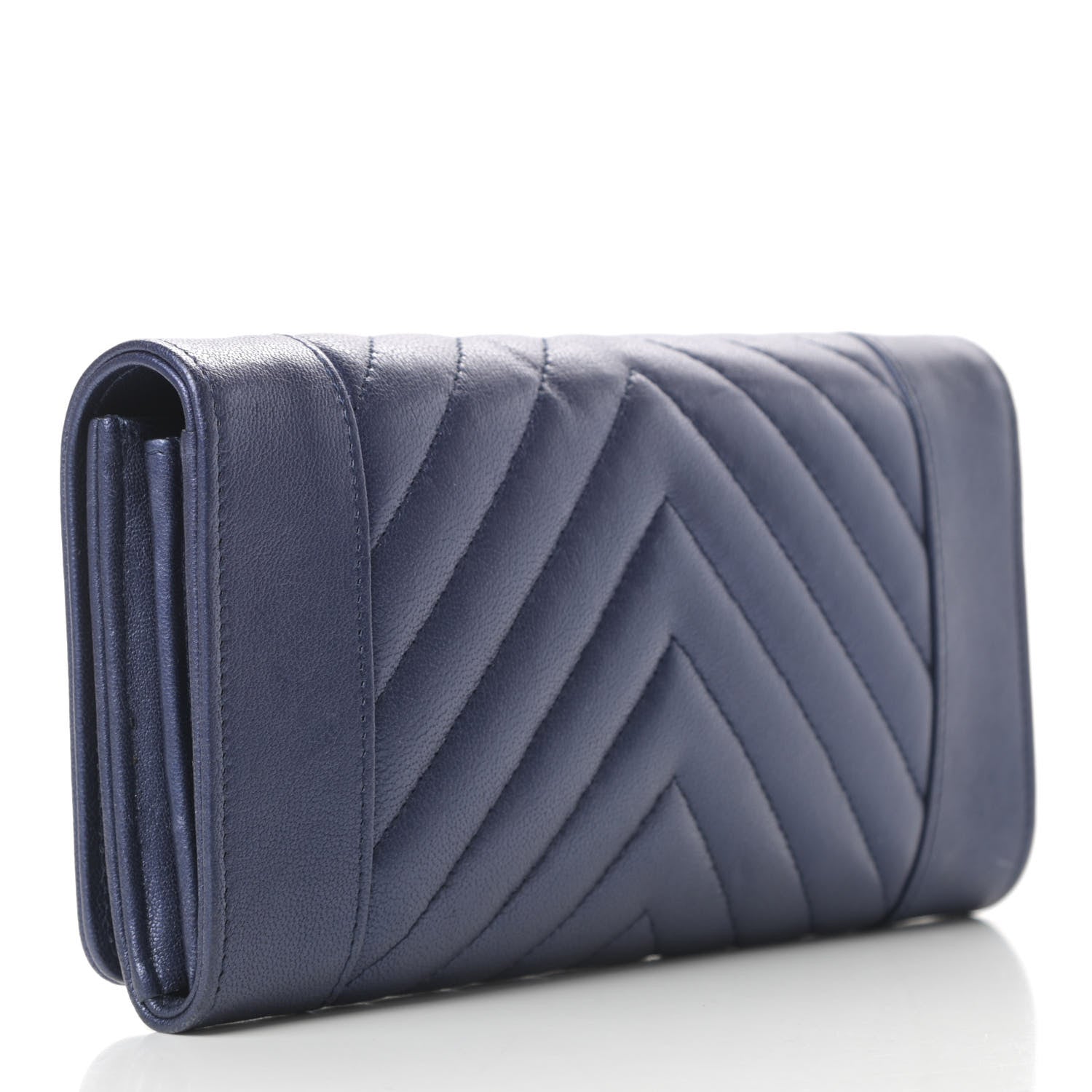 Chanel Metallic Sheepskin Chevron Quilted Mademoiselle Vintage Flap Wallet Navy 3 of 12