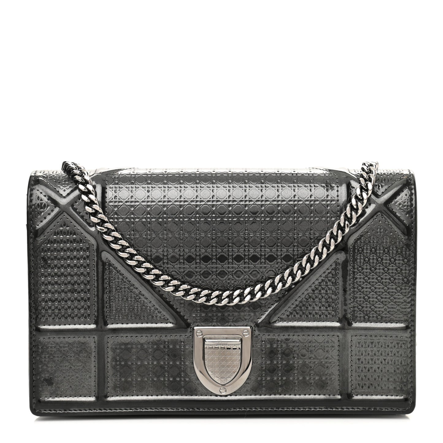 Metallic Patent Micro-Cannage Diorama Wallet on Chain Pouch Onyx Black