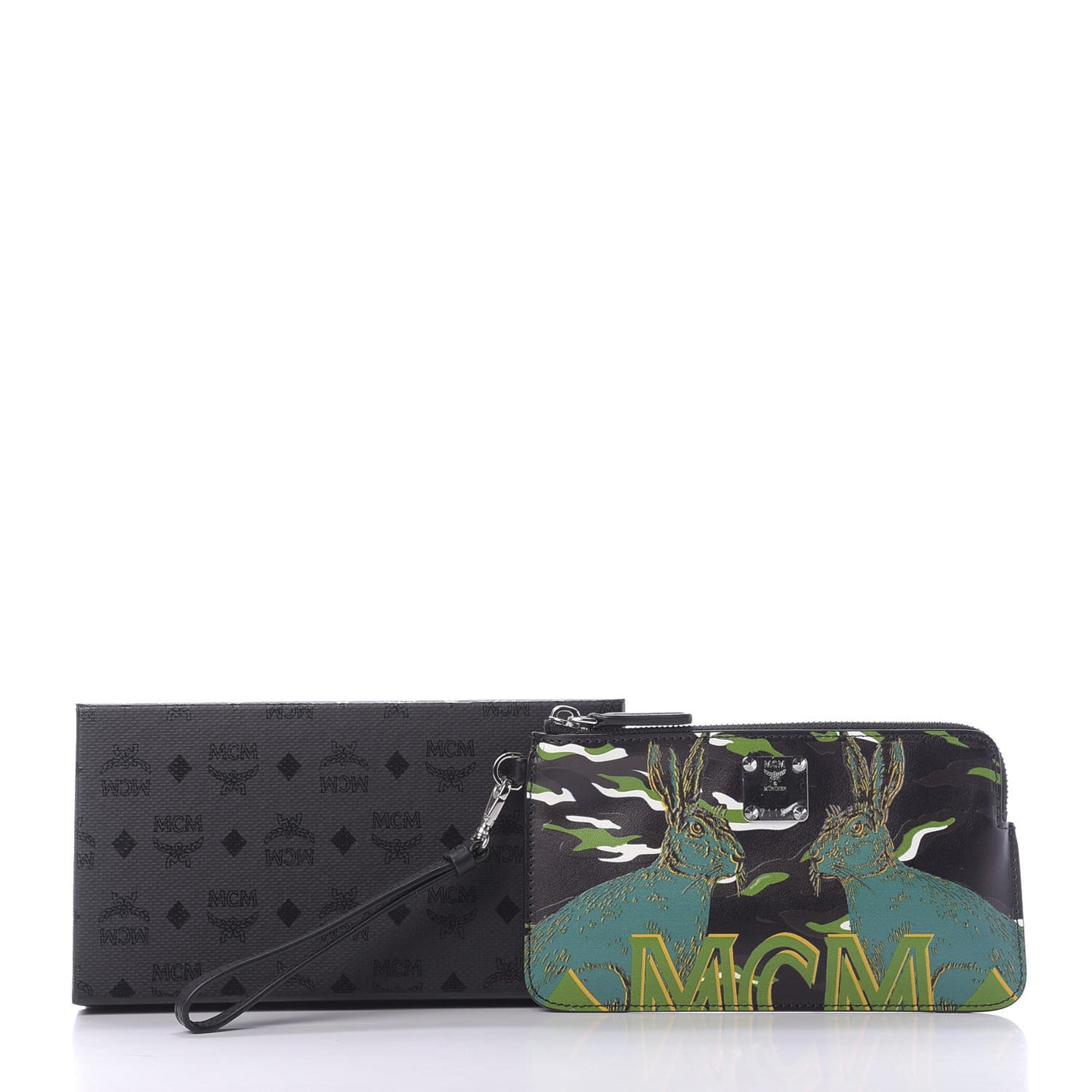 Calfskin Pop Rabbit Large Wristlet Zip Wallet Black
