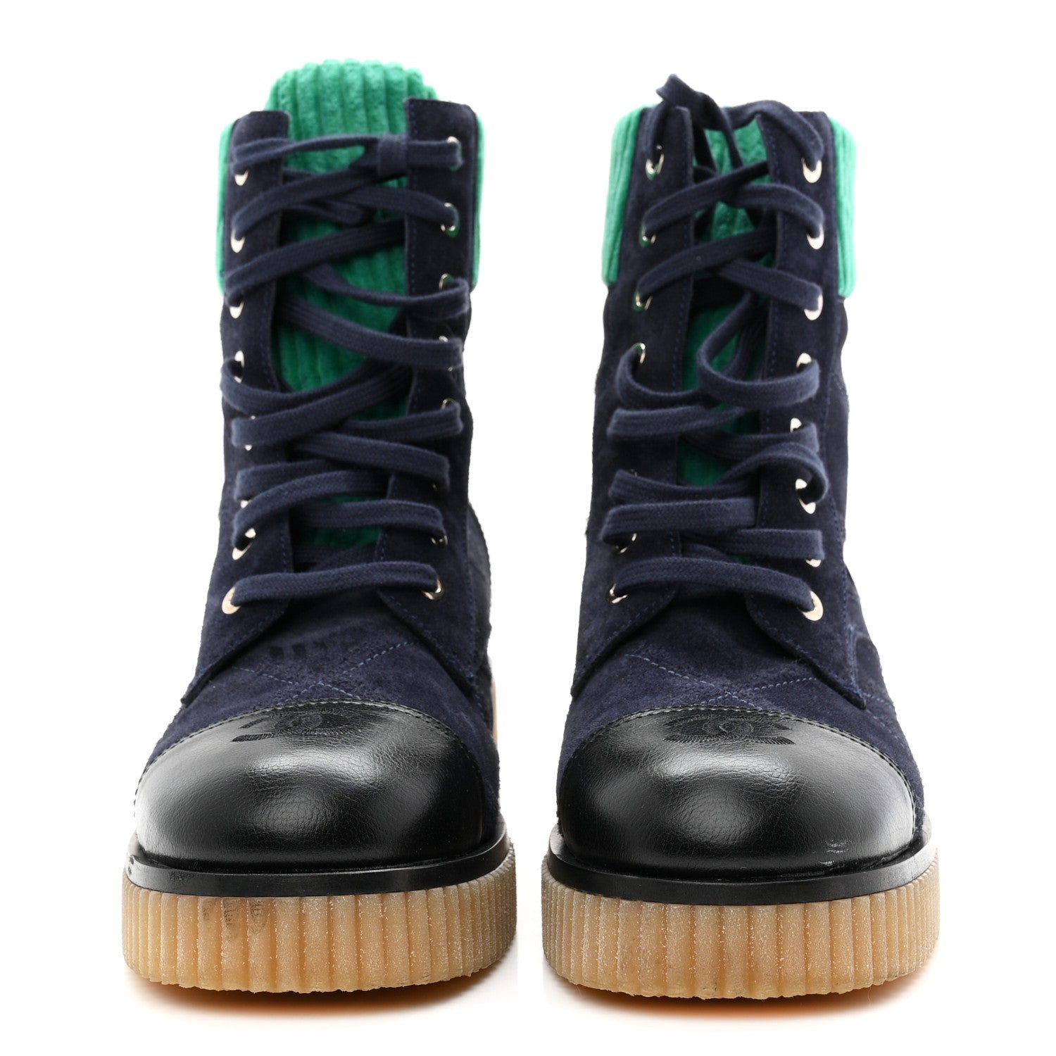 Chanel Suede Calfskin Velvet Quilted CC Combat Boots 39 Navy Green