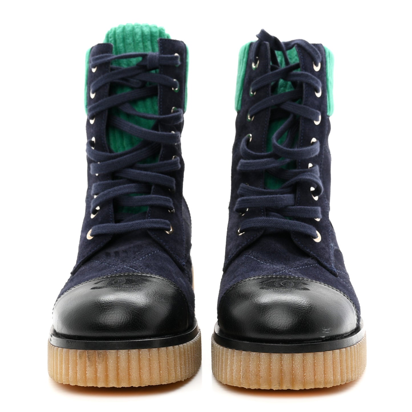 Suede Calfskin Velvet Quilted CC Combat Boots 39 Navy Green Black