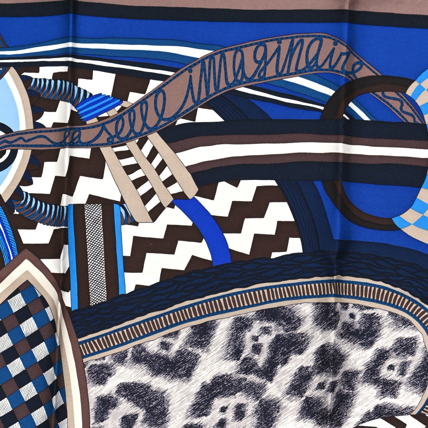 Hermes Silk La Selle Imaginaire Scarf 90 Marron Glace Bleu Vif Brun 5 of 5