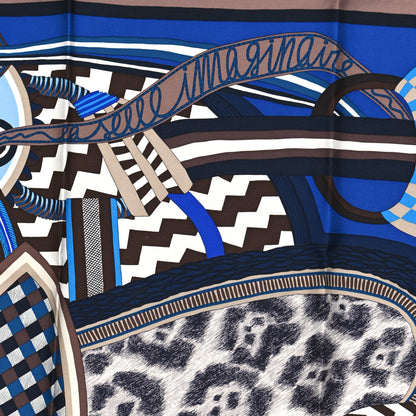 Hermes Silk La Selle Imaginaire Scarf 90 Marron Glace Bleu Vif Brun 5 of 5