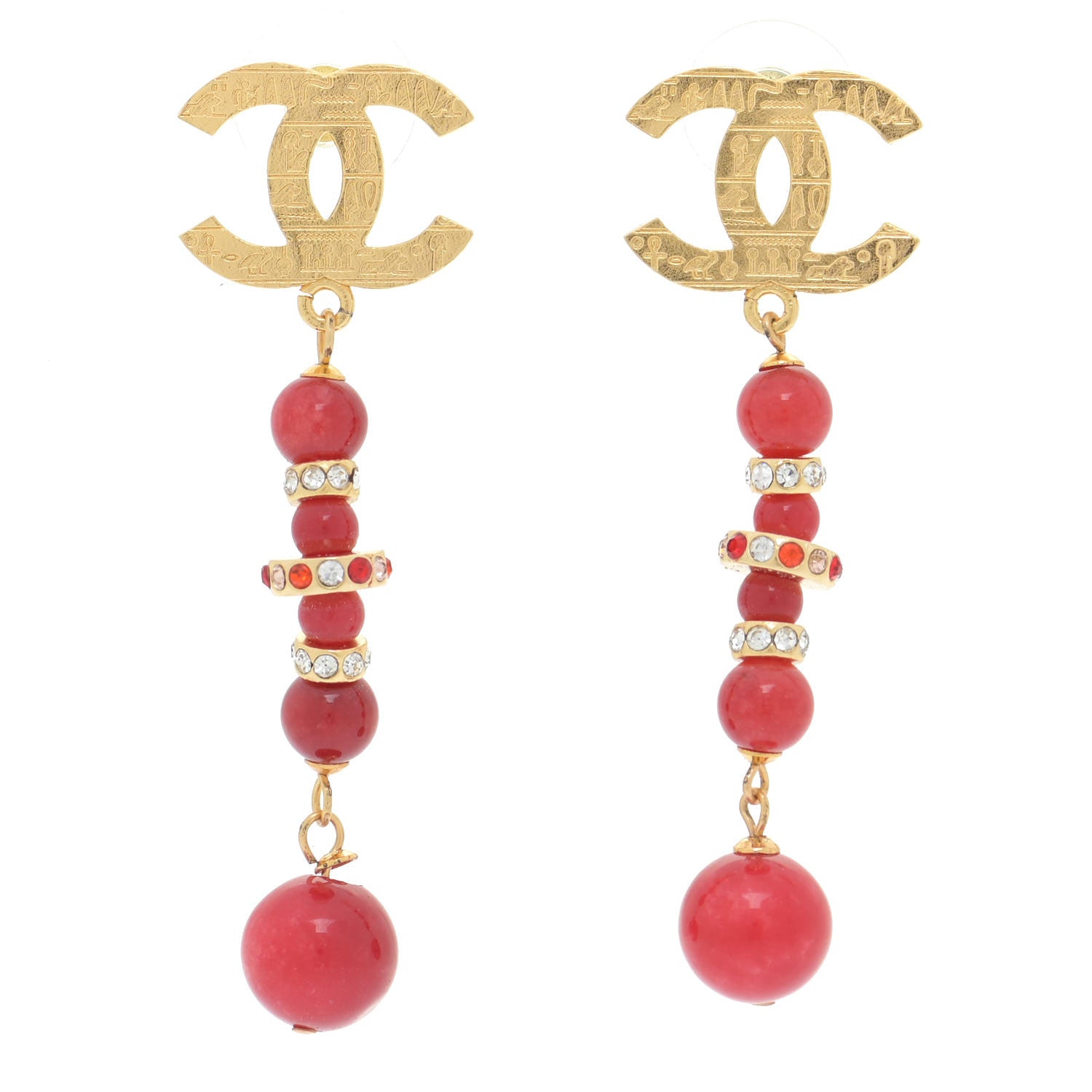 Chanel Crystal Bead Scarab CC Drop Earrings Gold Red 1 of 8