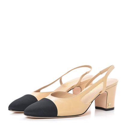 Chanel Goatskin Grosgrain Cap Toe CC Slingback Pumps 38 Beige Black 3 of 10
