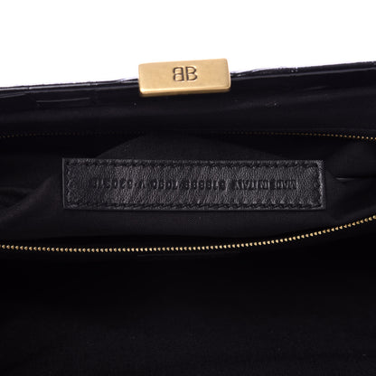Balenciaga Shiny Supple Calfskin Logo Crocodile Embossed XL Cloud Clutch Black White 9 of 10