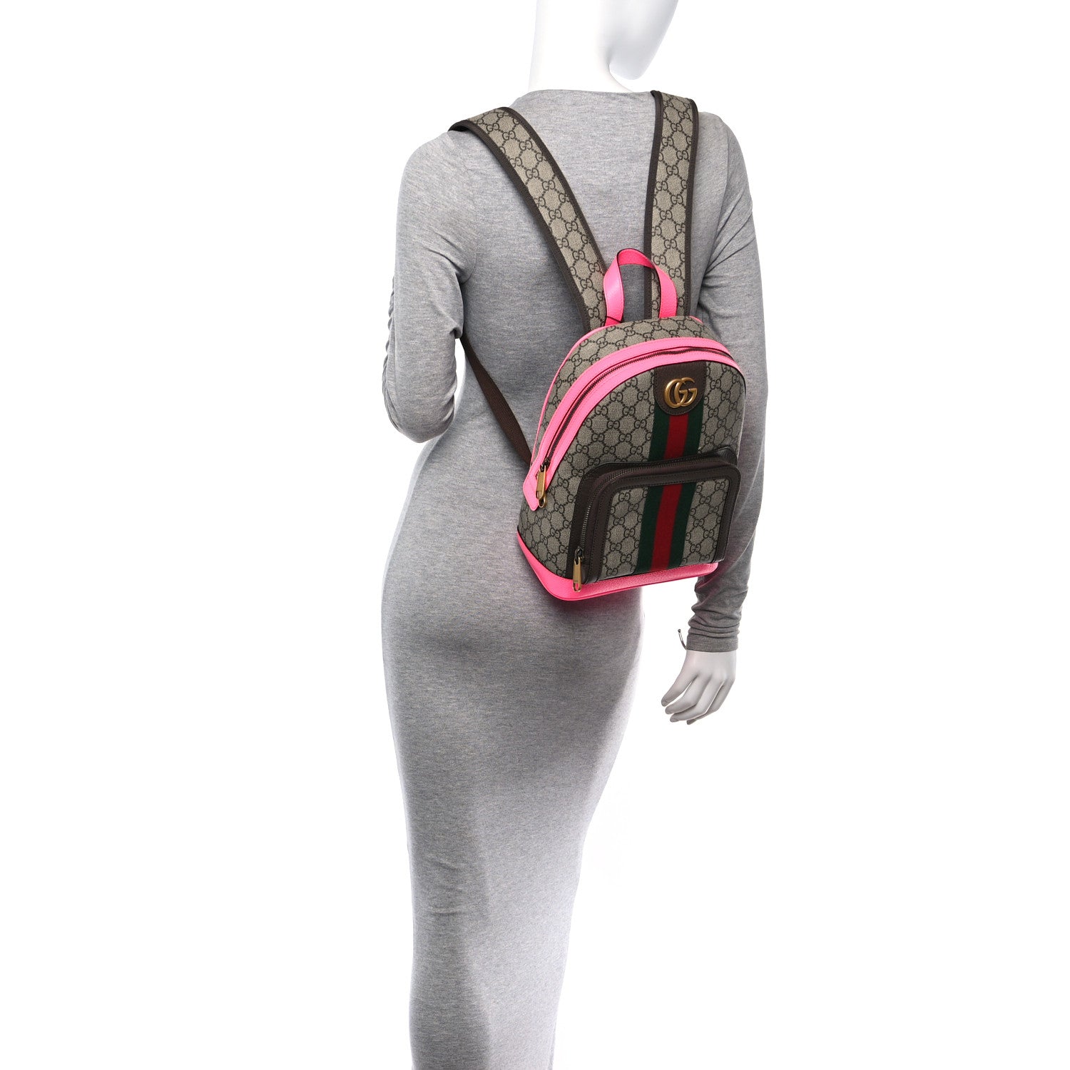 Gucci GG Supreme Monogram Textured Dollar Calfskin Web Small Ophidia Day Backpack Beige Ebony Fluorescent Fuchsia 2 of 10