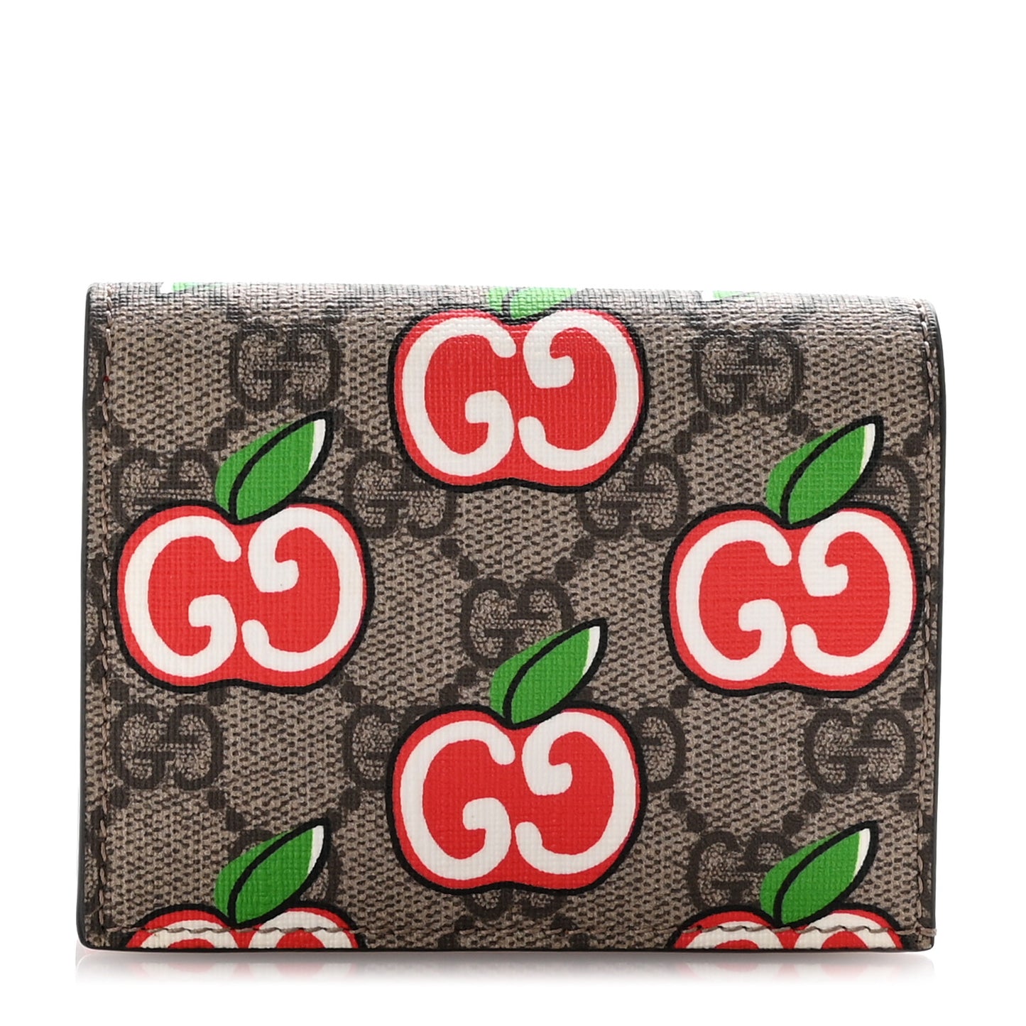 GG Supreme Monogram Apple Card Case Wallet Beige Multicolor Lobster Red
