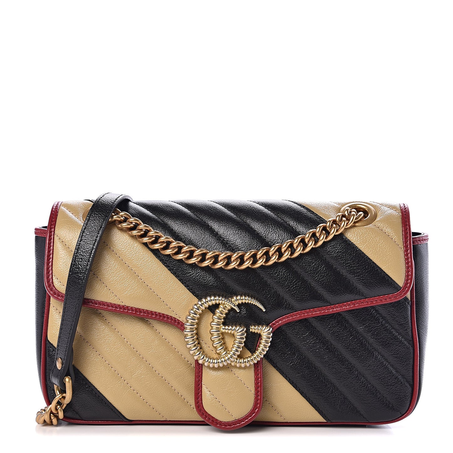 Vintage Effect Calfskin Matelasse Diagonal Striped Small Torchon GG Marmont Shoulder Bag Black Beige