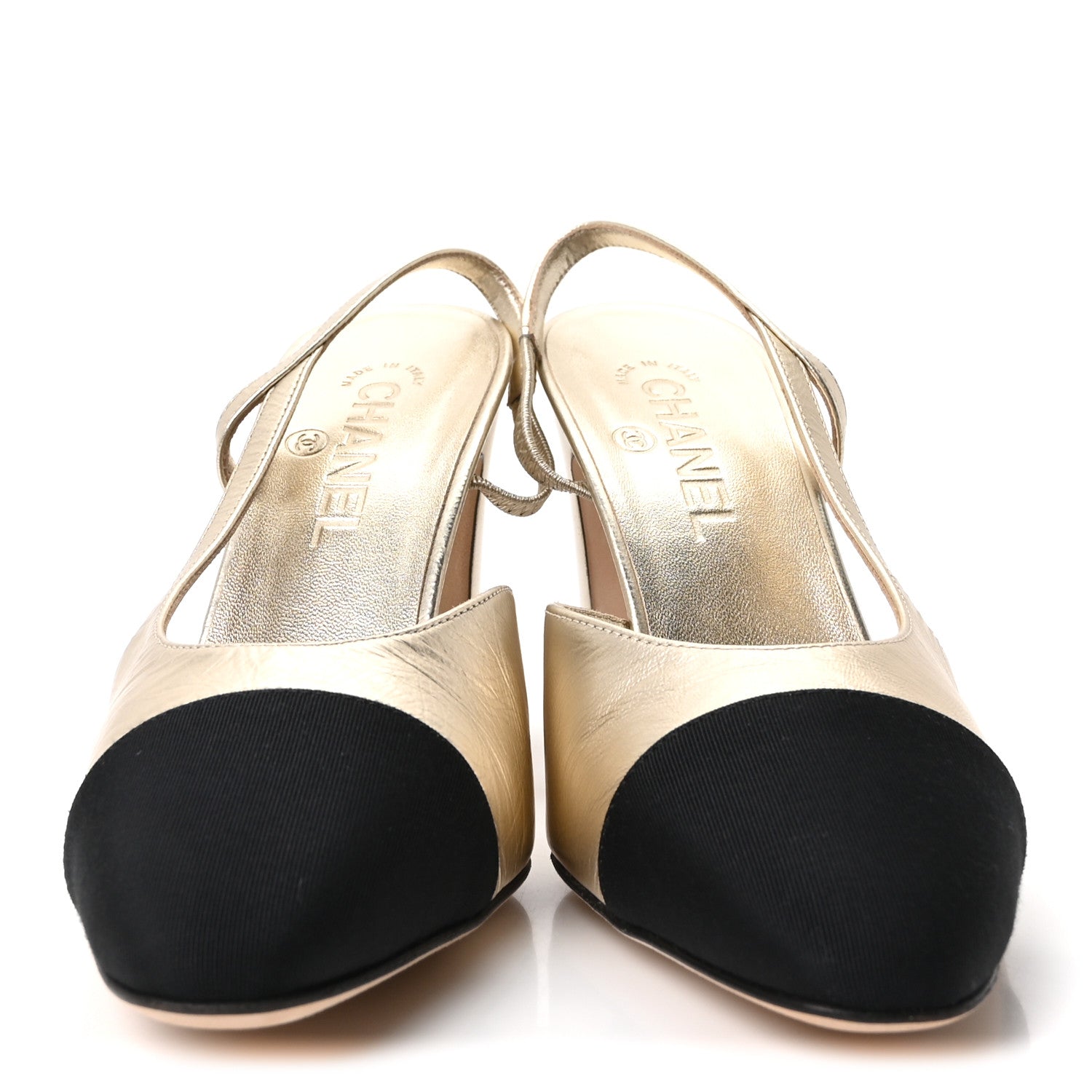 Chanel Laminated Crumpled Lambskin Grosgrain Cap Toe CC Slingback Pumps 39.5 Gold Black 3 of 10