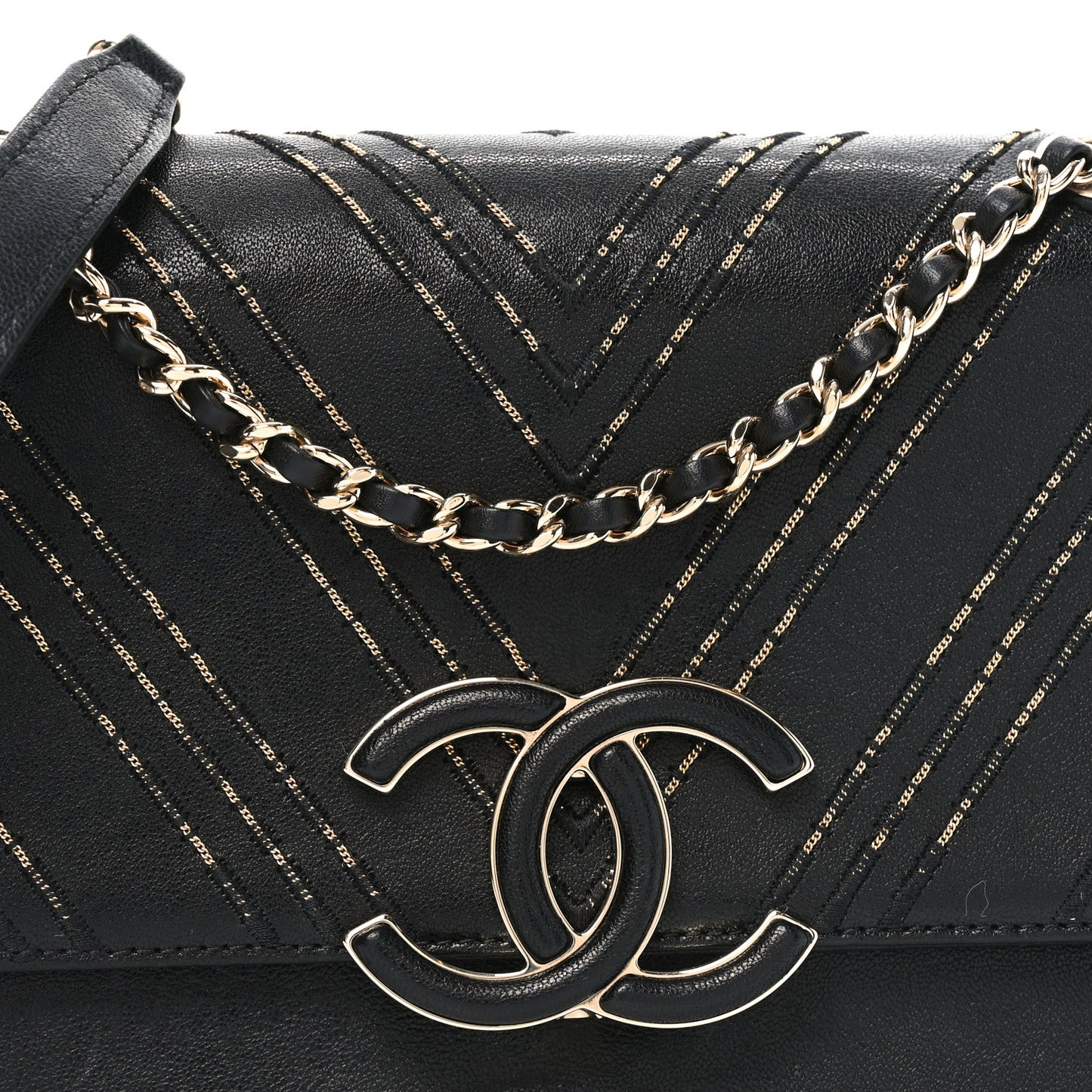 Calfskin Chevron Beaded Chain Mini Square Flap Black