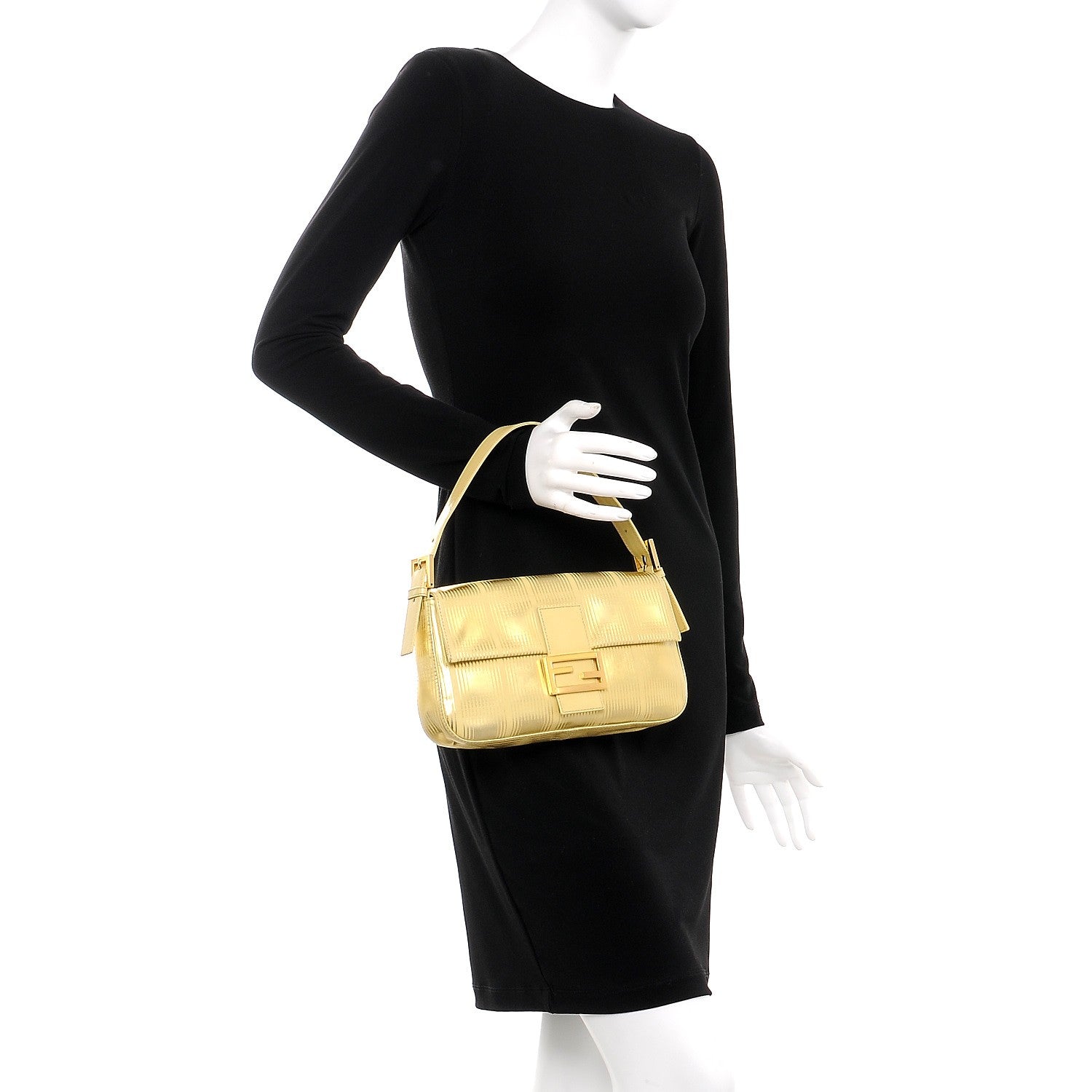 Fendi Metallic Calfskin Printed Baguette Yellow Gold 2 of 6