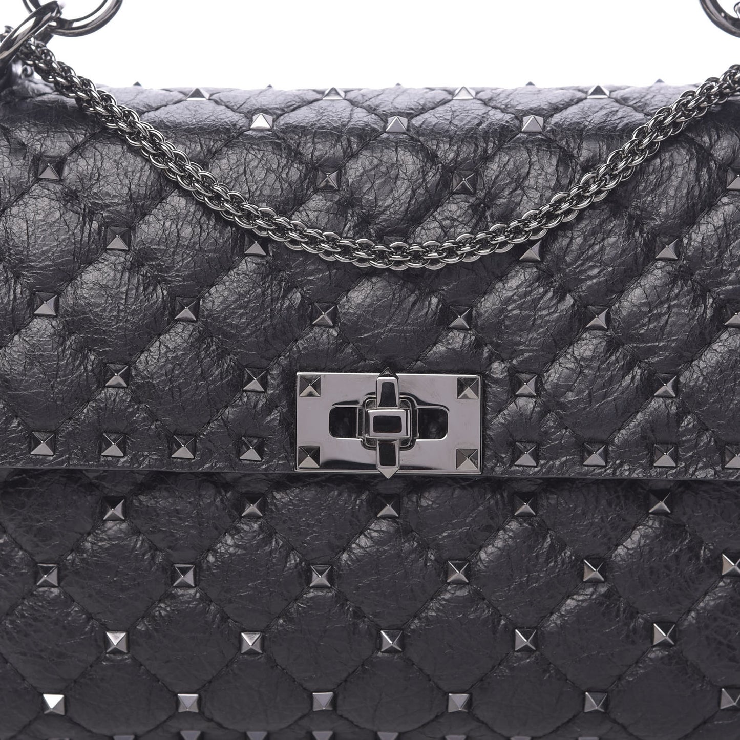 Craquele Nappa Medium Rockstud Spike Shoulder Bag Black