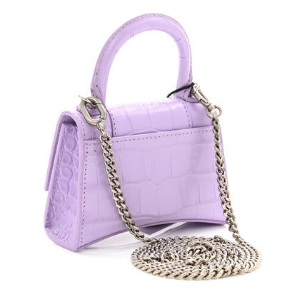 Balenciaga Shiny Calfskin Crocodile Embossed Hourglass Top Handle Bag Mini with Chain  Lilac 3 of 10