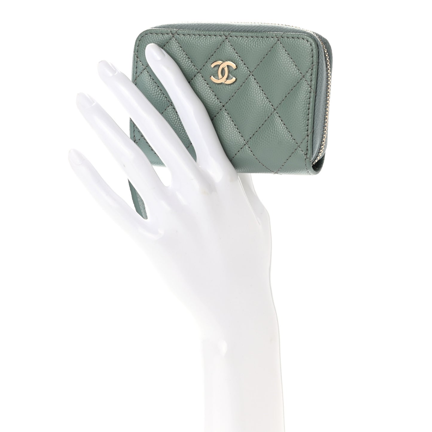 Caviar Quilted Zip Around Coin Purse Wallet Dark Green