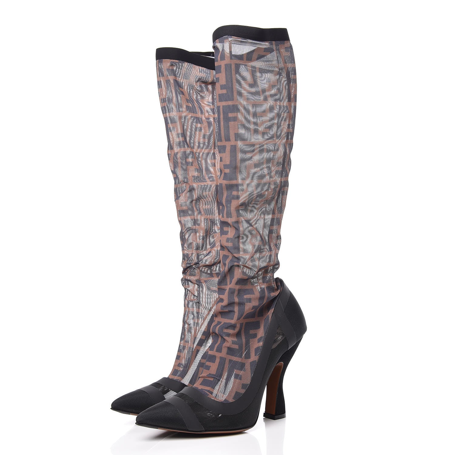 Fendi Technical Mesh FF Colibri High Heel Knee High Boots 38.5 Black Tobacco 3 of 9