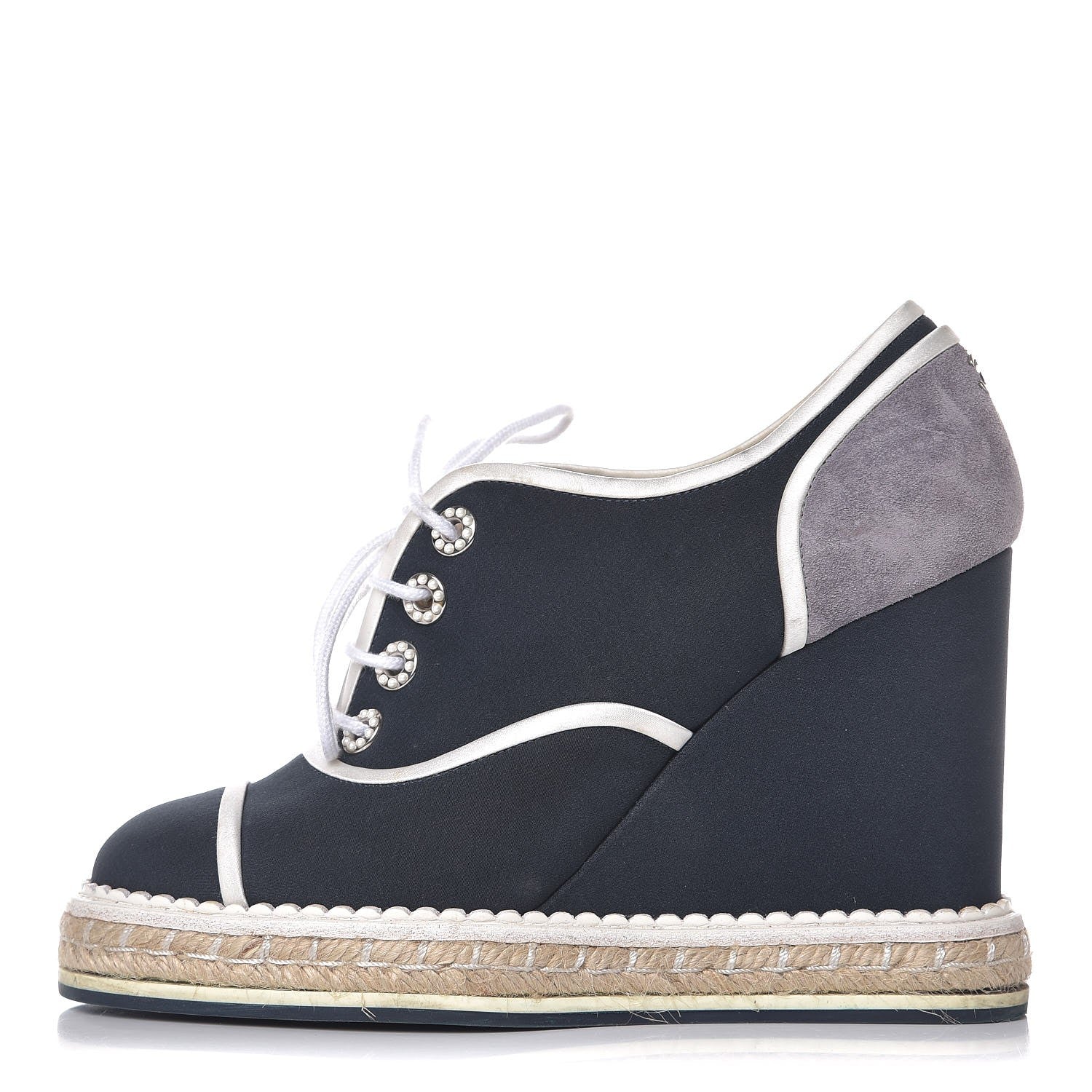 Chanel Silk Crepe Suede Calfskin Lace Up Wedge Espadrilles 36.5 Navy Grey 1 of 10