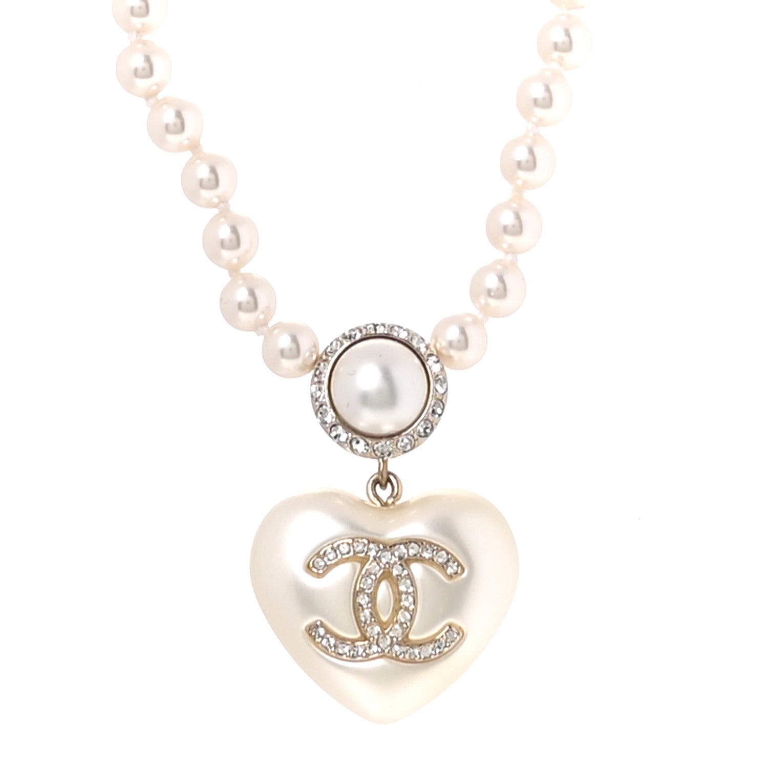 Chanel Pearl Crystal CC Heart Short Necklace Pearly White Gold 1 of 5