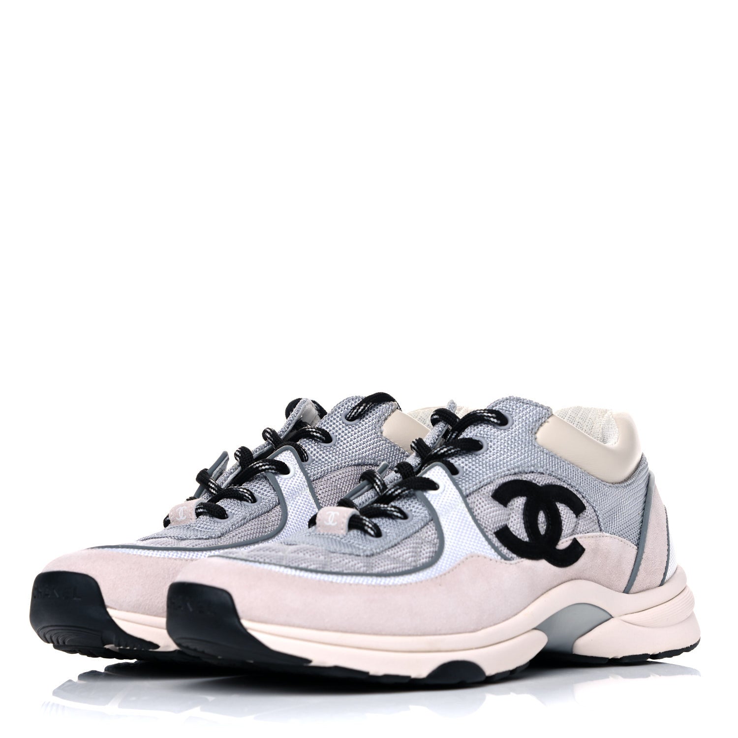 Chanel Nylon Suede Calfskin Womens CC Sneakers 40 Grey White Pink 4 of 9