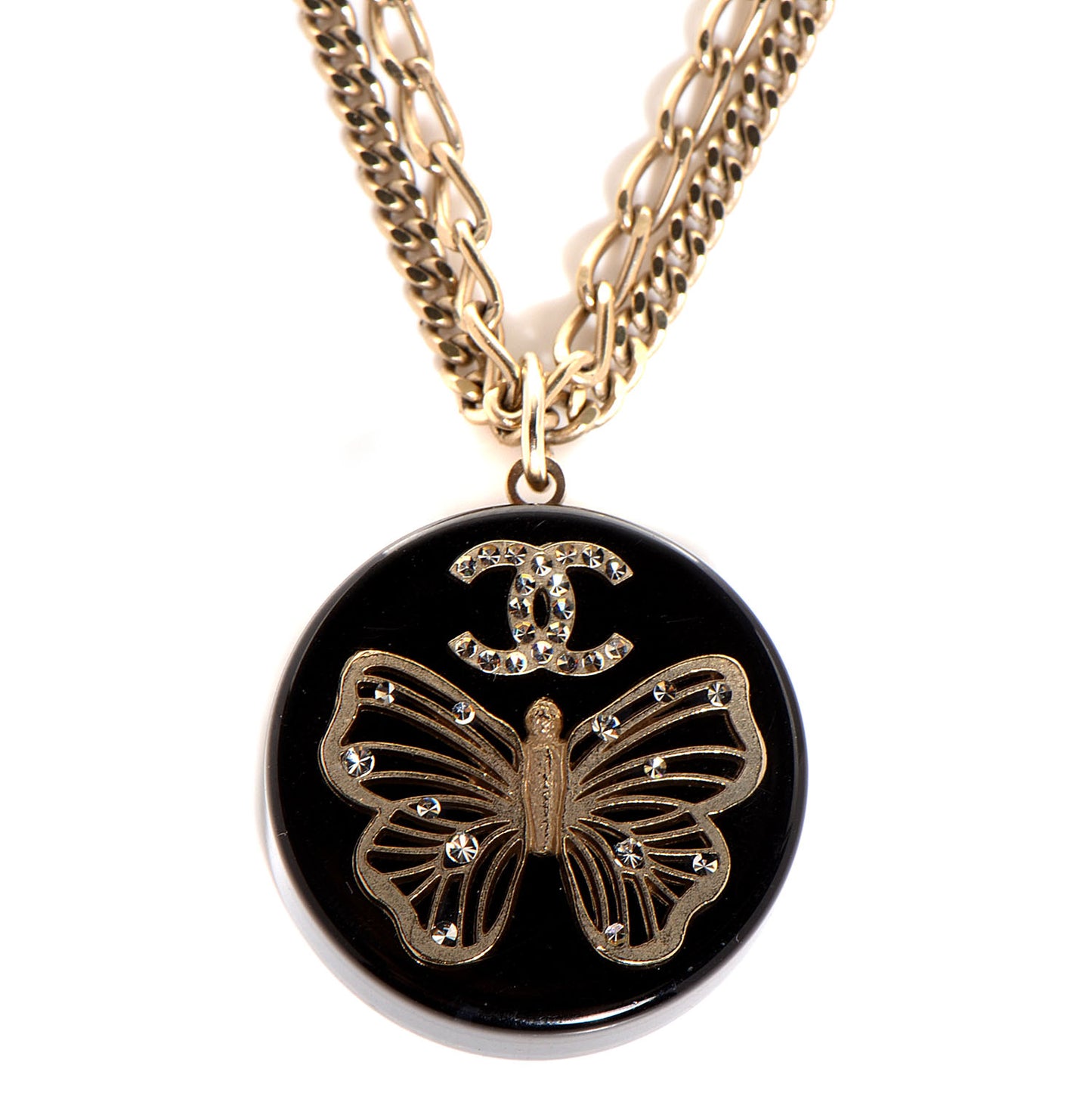 Crystal Resin Butterfly CC Pendant Necklace Black Gold