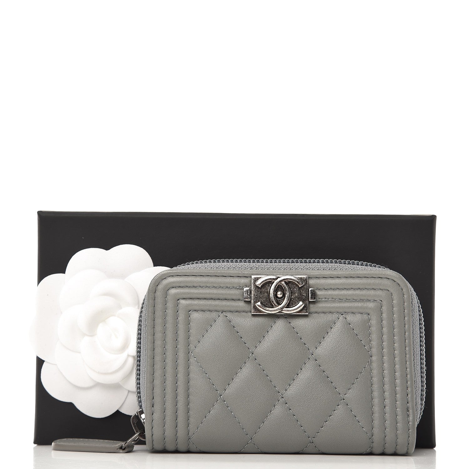 Chanel Lambskin Quilted Boy Zip Around Coin Purse Wallet Grey 8 of 8