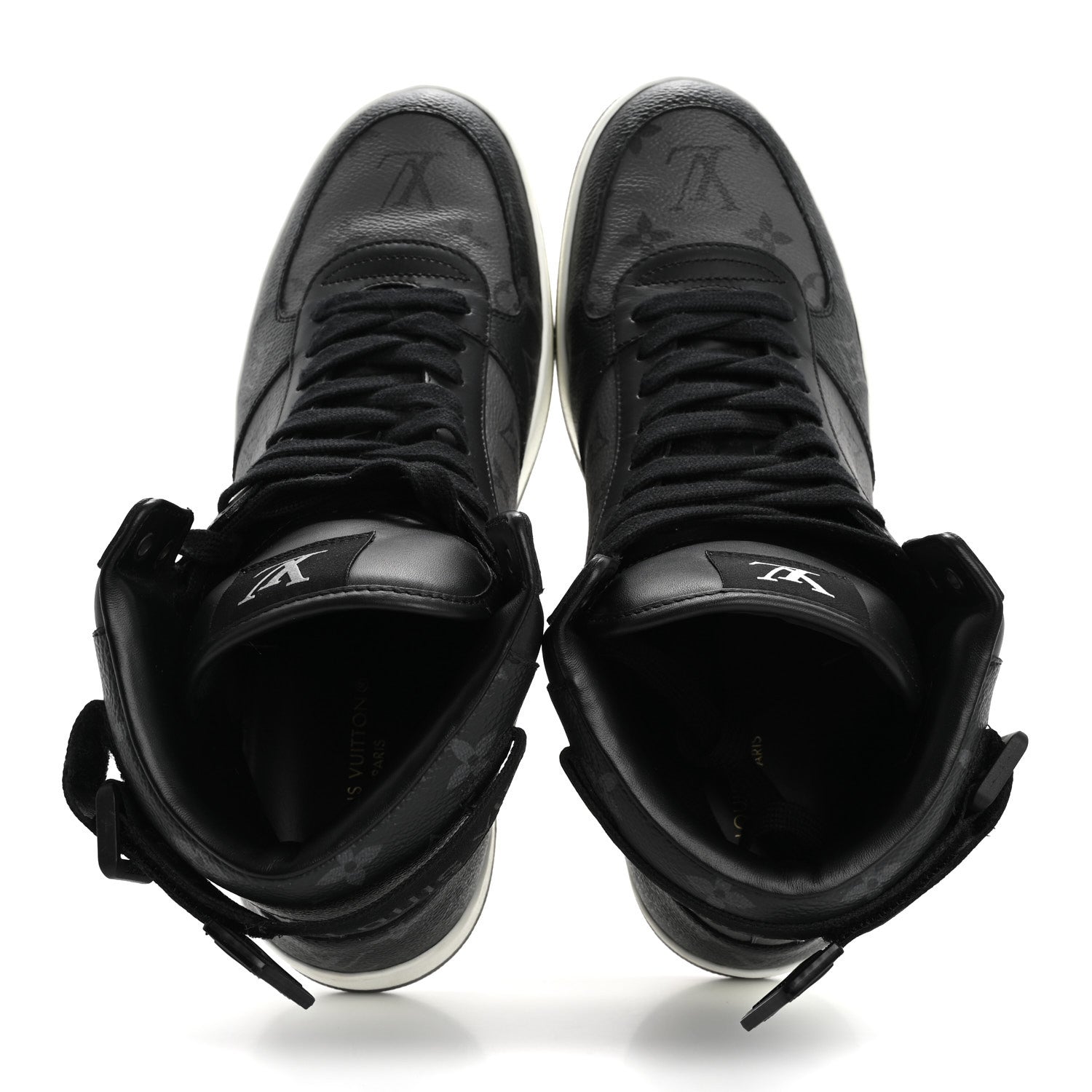 Louis Vuitton Calfskin Monogram Eclipse Mens Rivoli High Top Sneakers 9 Black Grey 2 of 10