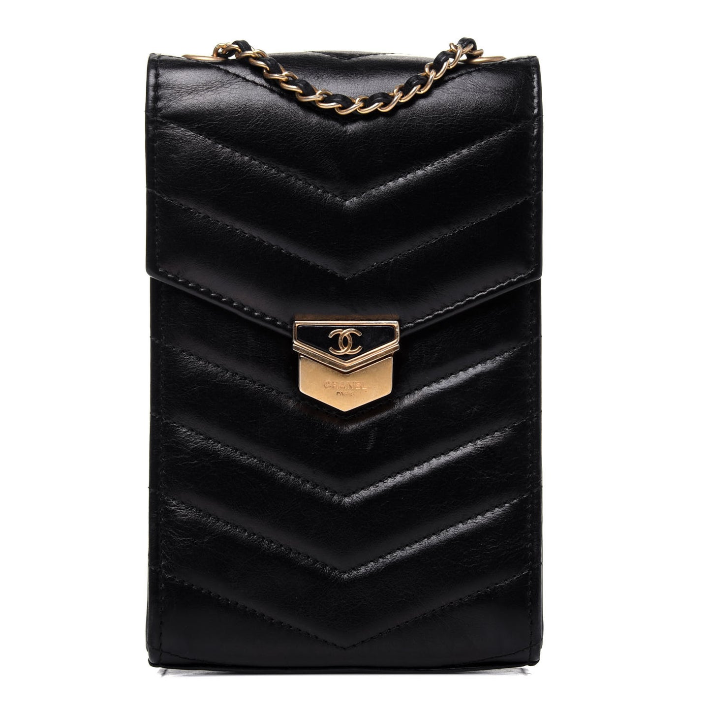 Calfskin Chevron Quilted Medal Mini Clutch With Chain Black