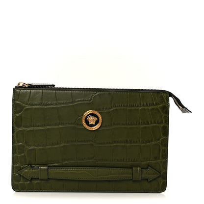 Versace Calfskin Crocodile Embossed La Medusa Pouch Dark Olive 1 of 7
