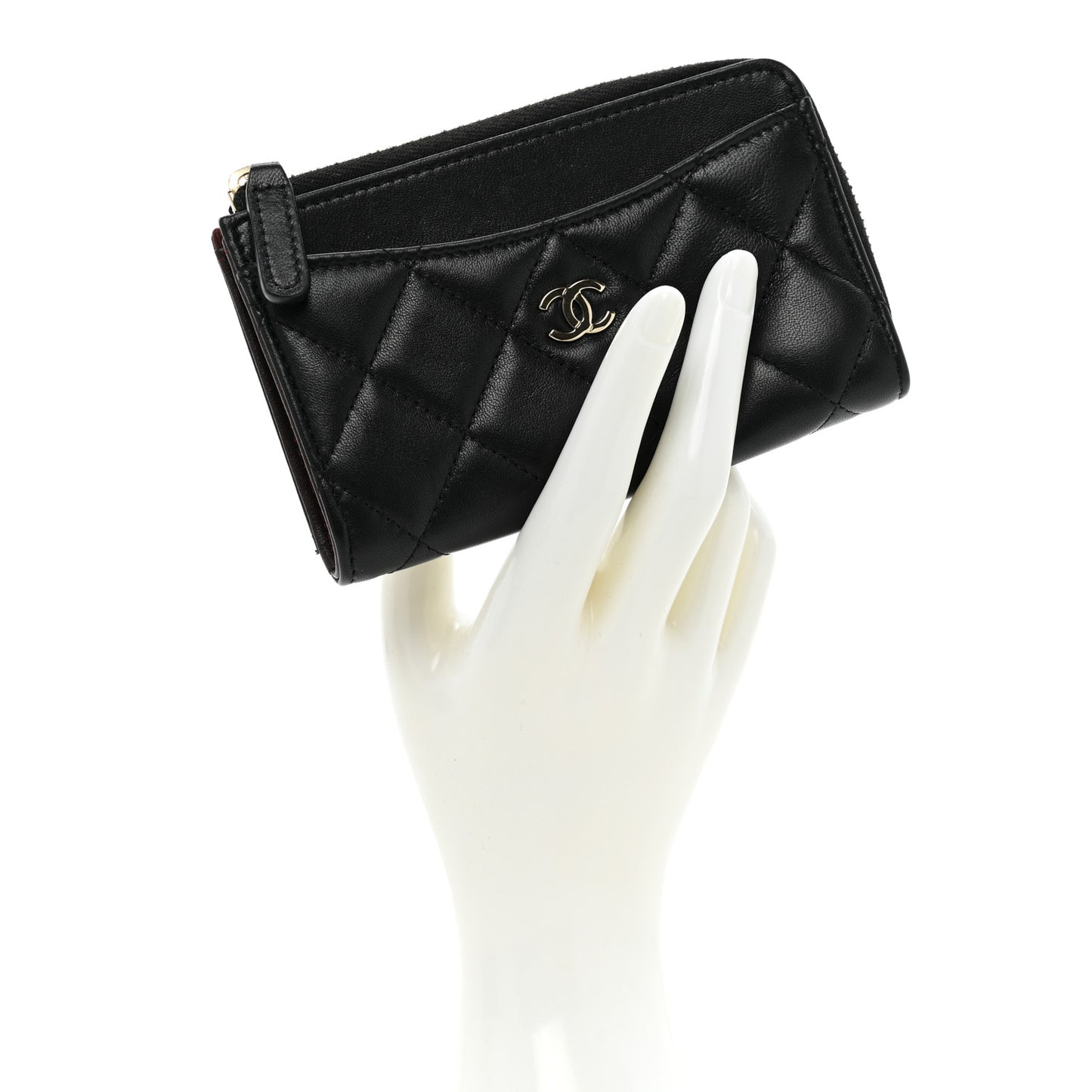 Lambskin Quilted Zip Card Holder Black