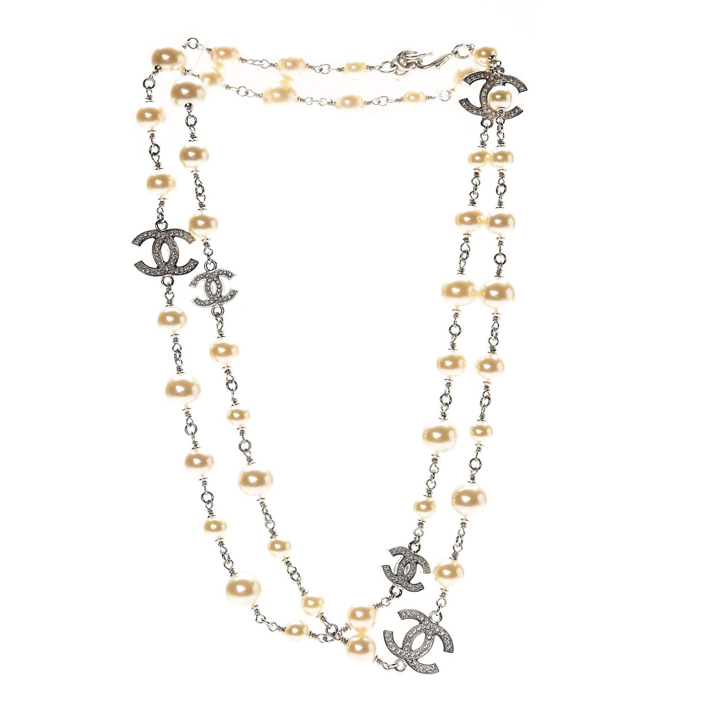 Crystal Pearl CC Long Necklace Silver