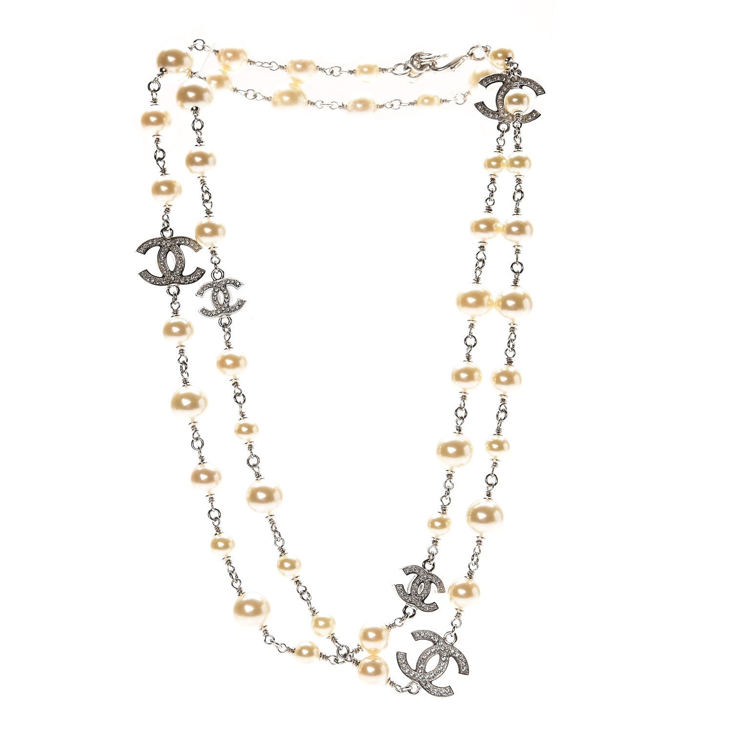 Chanel Crystal Pearl CC Long Necklace Silver 3 of 4