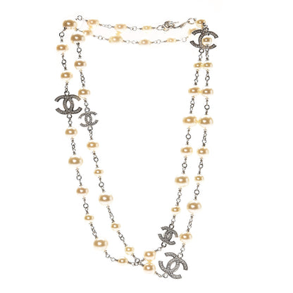 Chanel Crystal Pearl CC Long Necklace Silver 3 of 4