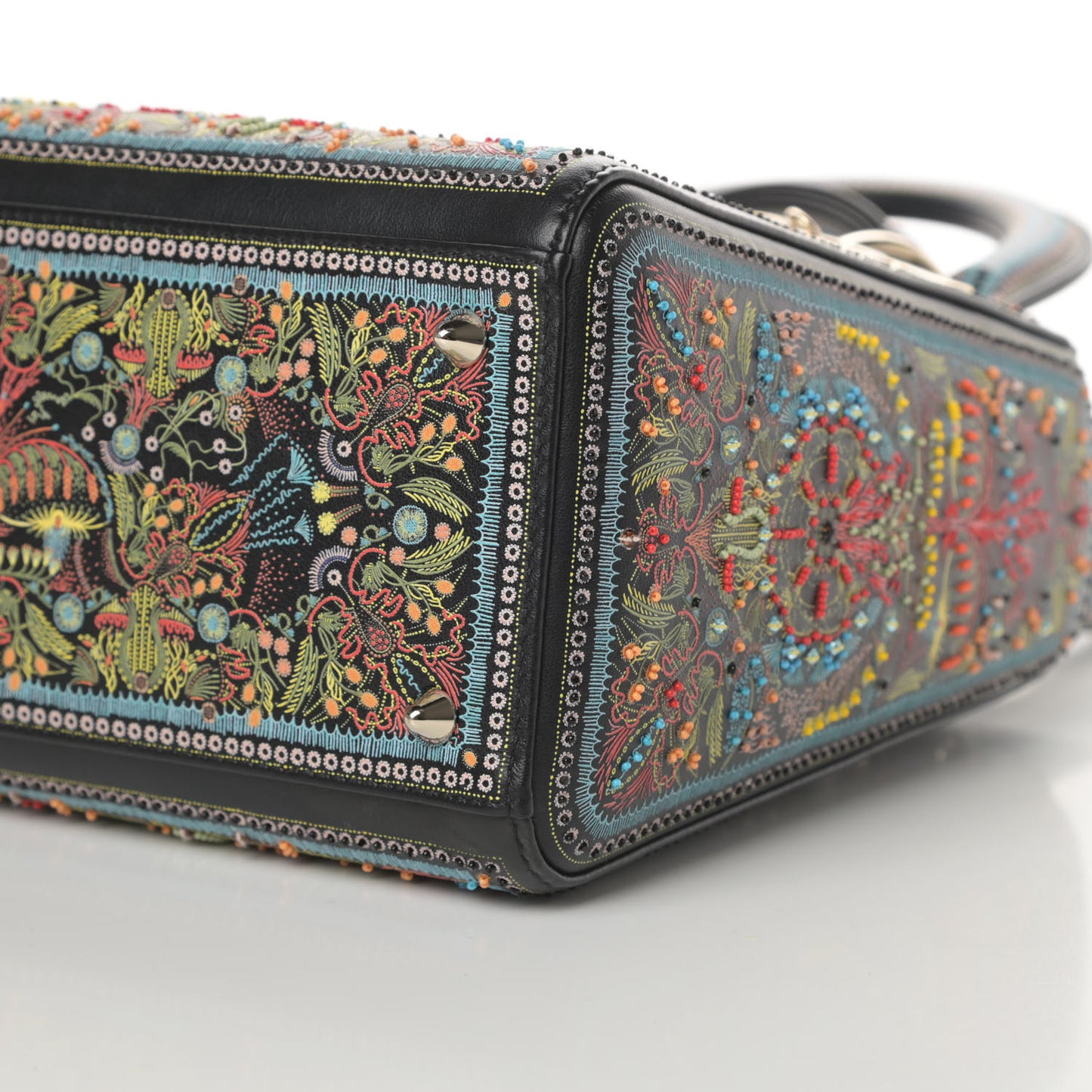 Smooth Calfskin Embroidered Medium Lady Dior Black Multicolor