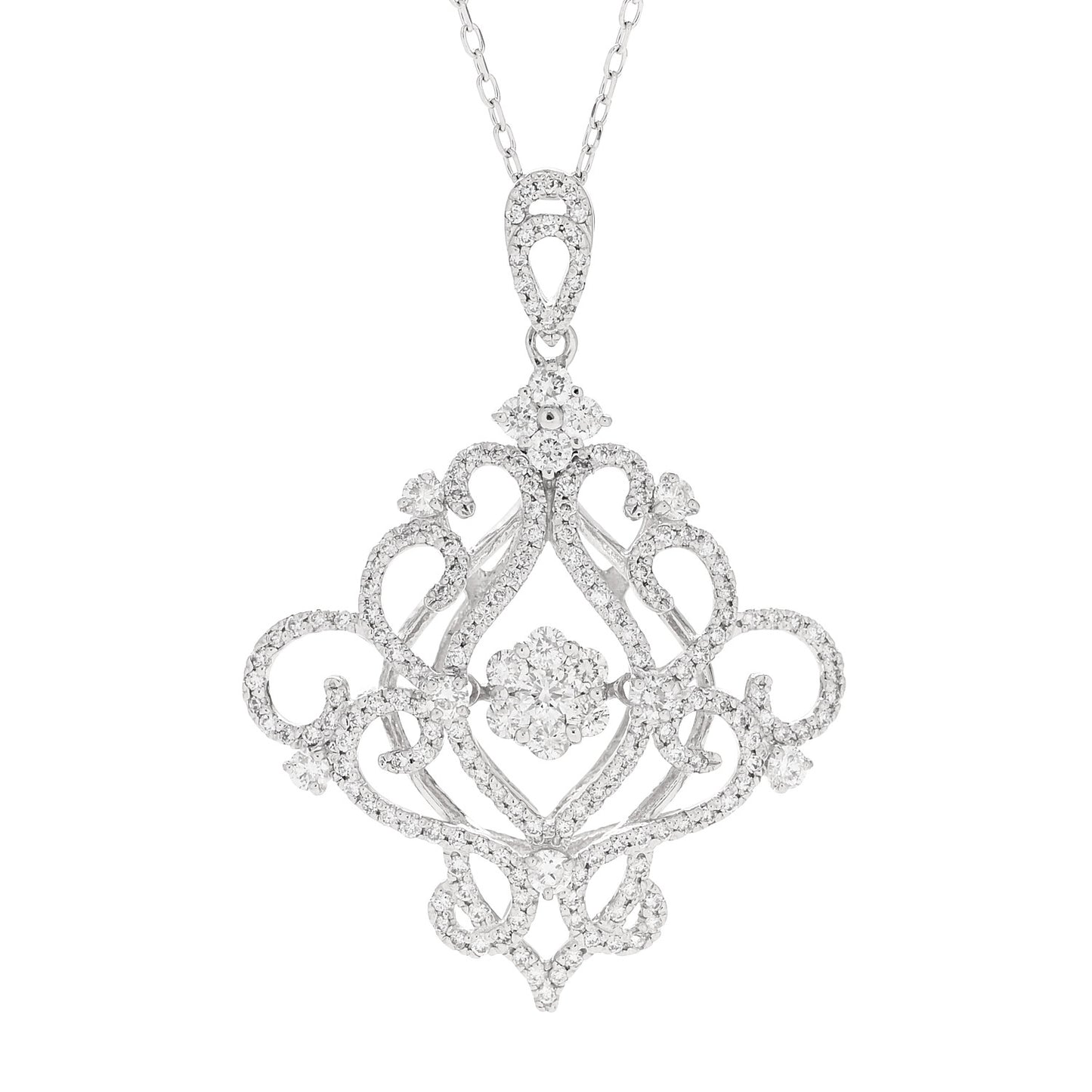 18K White Gold Diamond 1.48ctw Filigree Pendant Necklace
