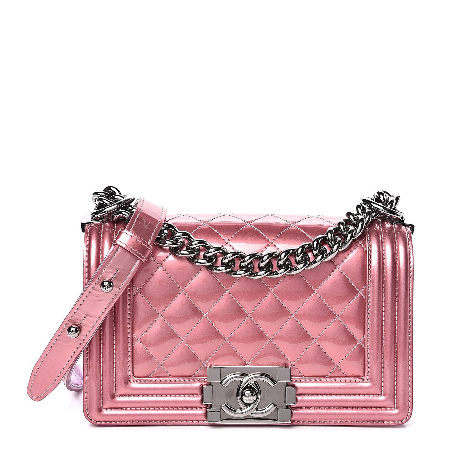 Metallic Patent Calfskin Quilted Small Boy Flap Pink