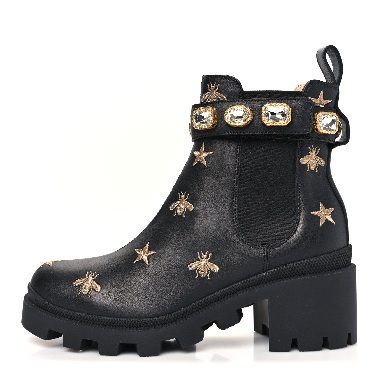 Gucci Calfskin Bee Star Embroidered Belt Ankle Boots 36.5 Black 1 of 10