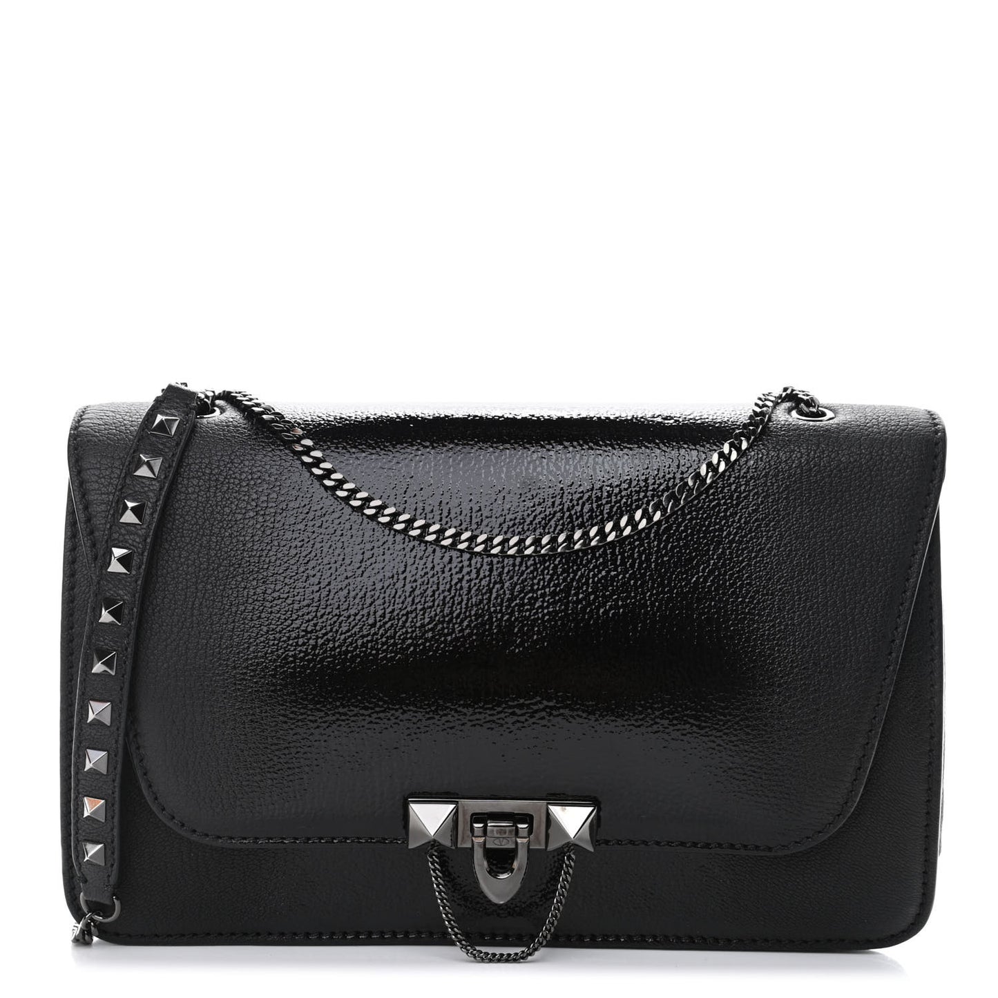 Patent Pebbled Calfskin Medium Rockstud Demilune Shoulder Bag Black