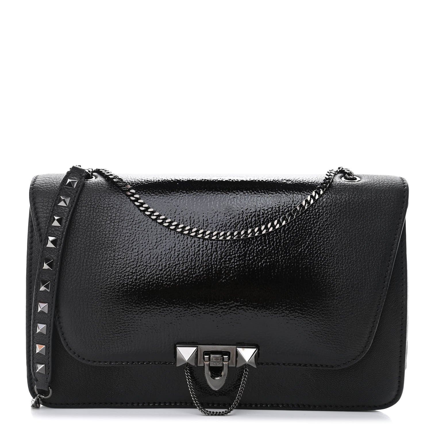 Valentino Garavani Patent Pebbled Calfskin Medium Rockstud Demilune Shoulder Bag Black 1 of 4
