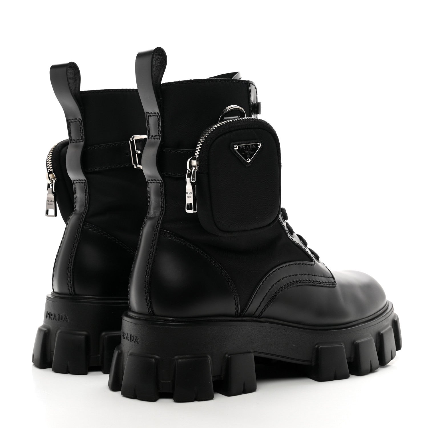 Prada Spazzolato Rois Re-Nylon Metal Triangle Logo Mens Monolith Pouch Pocket 60mm Combat Boots 7.5 Black 4 of 9