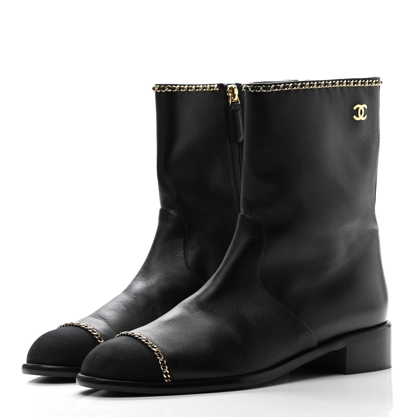 Lambskin Grosgrain Cap Toe Chain Short Boots 40 Black