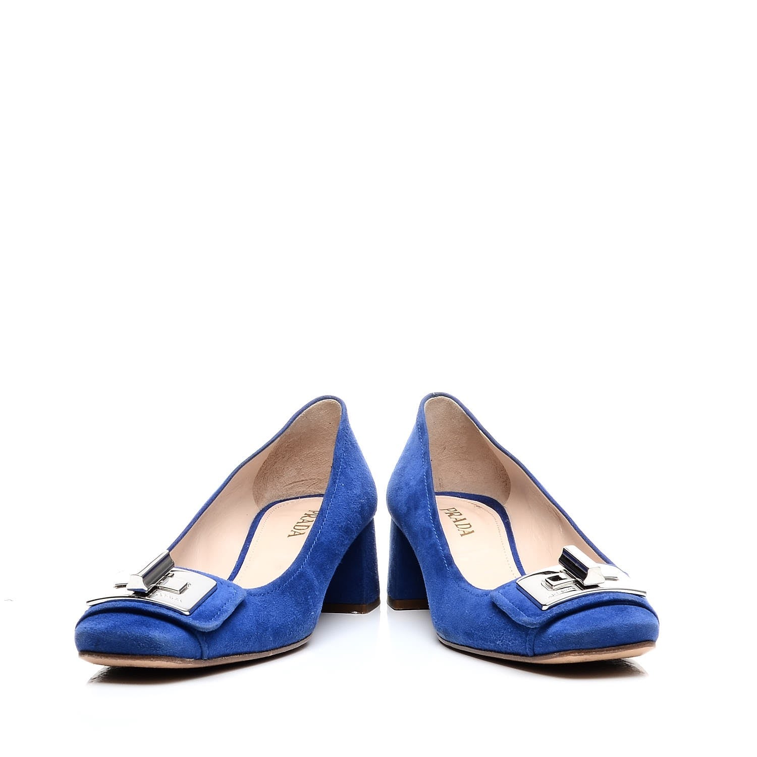 Prada Suede Turnlock Block Heel Pumps 37.5 Blue 6 of 10