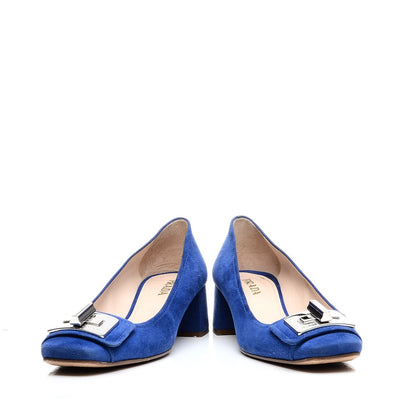 Prada Suede Turnlock Block Heel Pumps 37.5 Blue 6 of 10